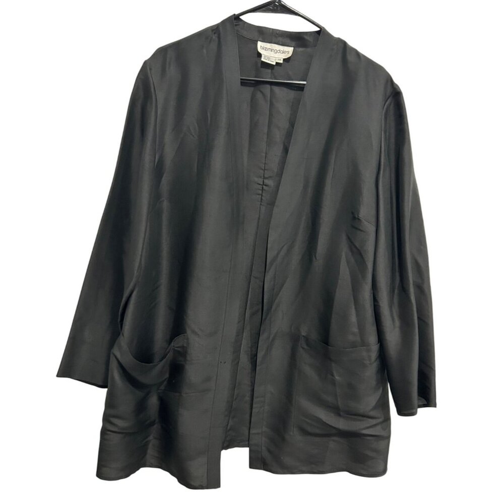 Bloomingdales Womens Black Silk Open Front Blazer Jacket Size 16